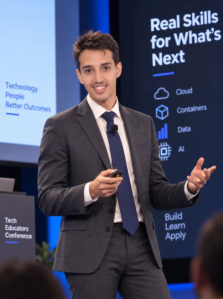 Mohamed Echout holding a presentation remote